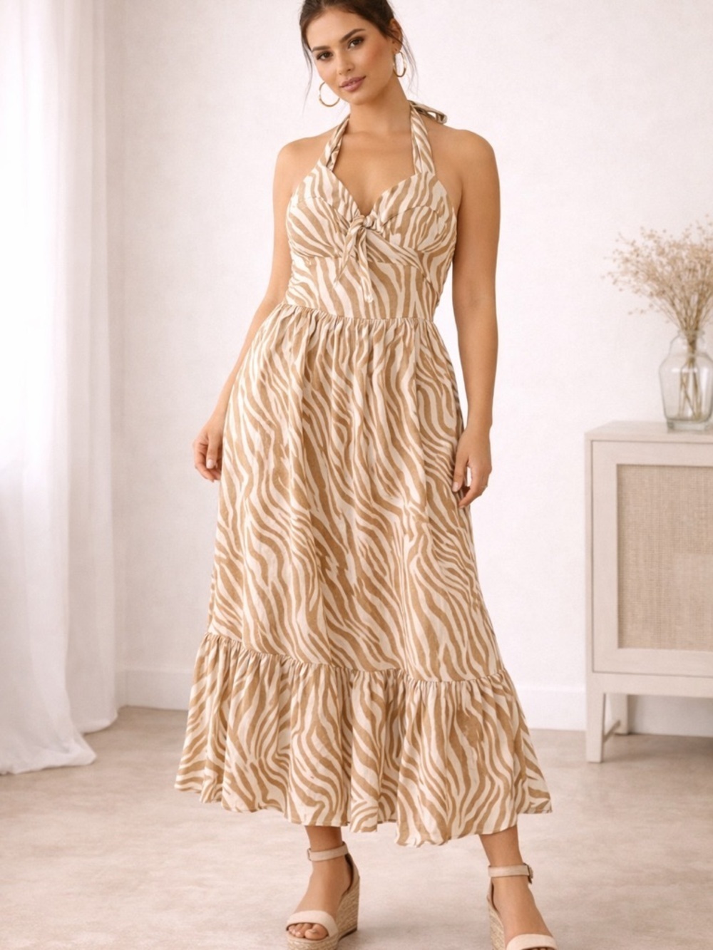 Bardot Tan & White Nala Zebra Halter Maxi Dress NWT Size 8